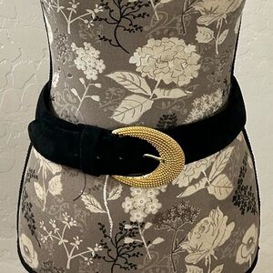 Vintage 90s Morgan Taylor Black Leather Belt w/ Gold Stamp R. H. Macy Buckle